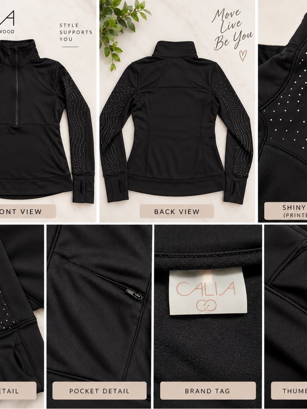 CALIA by Carrie Underwood Black Half-Zip Pullover with Shiny Sleeve Dots